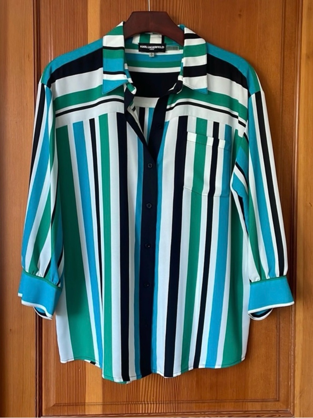 4 for $30- Karl Lagerfeld Chic Striped Top 3/4 Length Sleeves- Button Down